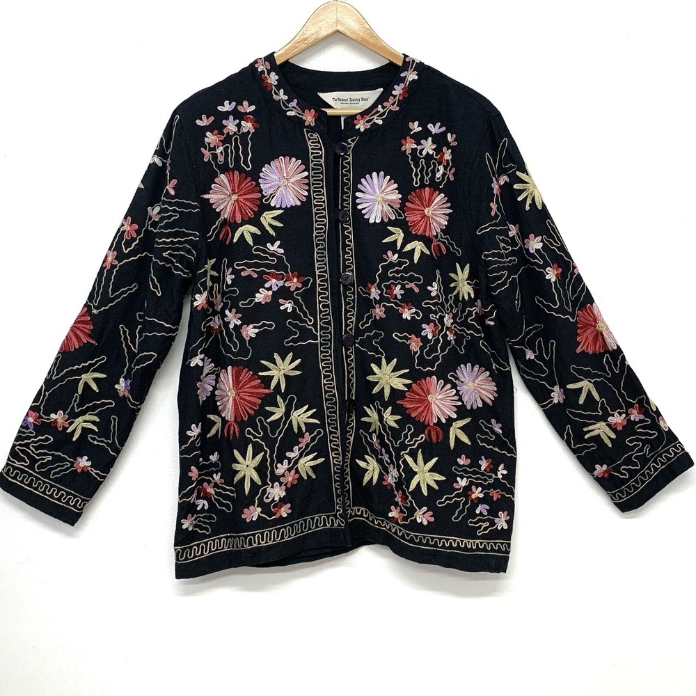 Vermont Country Store Embroidered Floral Jacket Medium Black Linen Cotton Travel